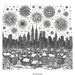 New Year Coloring Page Of Sky Covered With Fireworks In The City