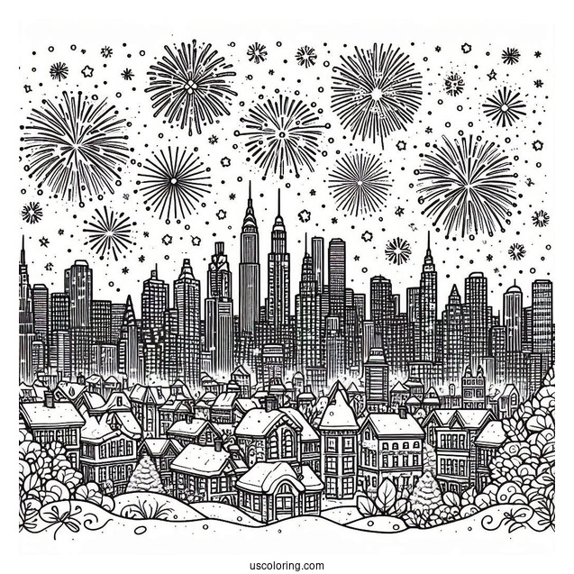 New Year Coloring Page Of Sky Covered With Fireworks In The City