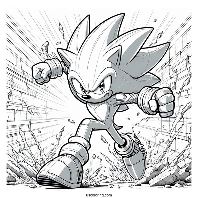Realistic Super Sonic Coloring Page Breaking Through Wall