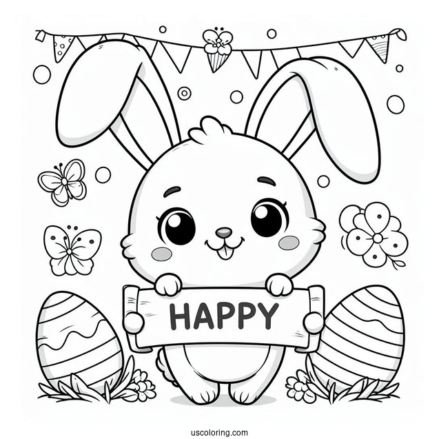 Easter Coloring Page Of Smiling Bunny Holding Happy Easter Sign For Kids