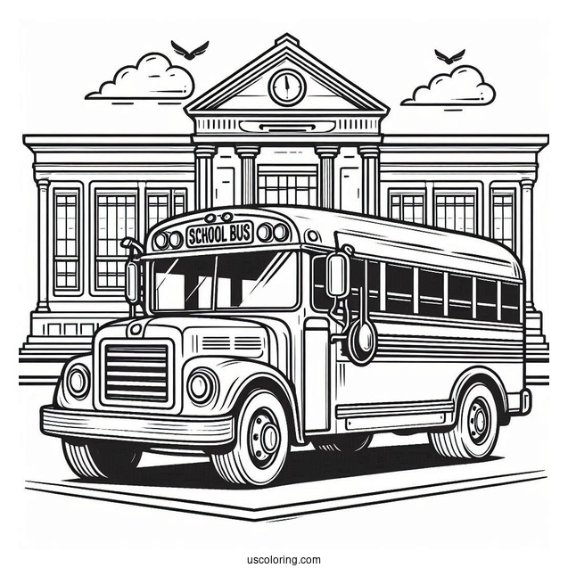 Classic School Bus Coloring Page in Front of A Building