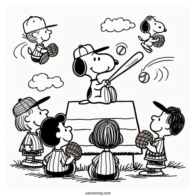 Coloring Page Of Peanuts Gang Playing Baseball