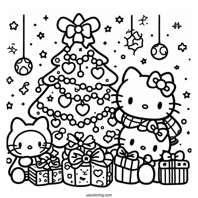 Sanrio Coloring Pages Of Friends Decorating Christmas Tree