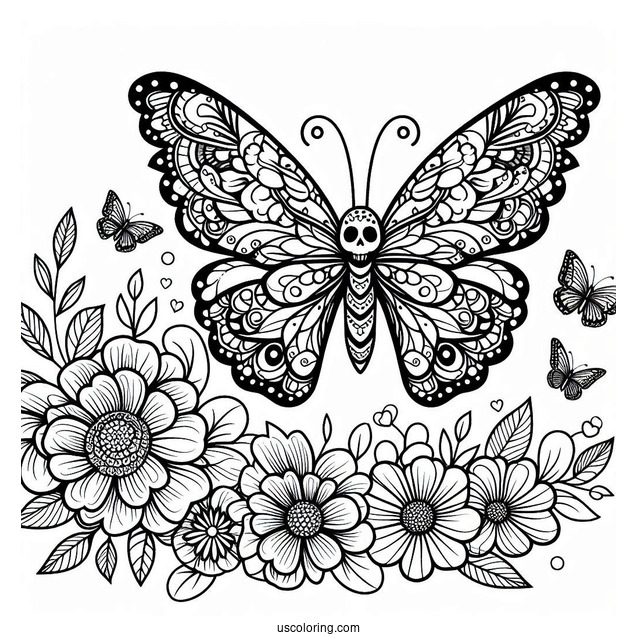 Butterfly Flying To A Sugar Skulls Coloring Page With Flowers