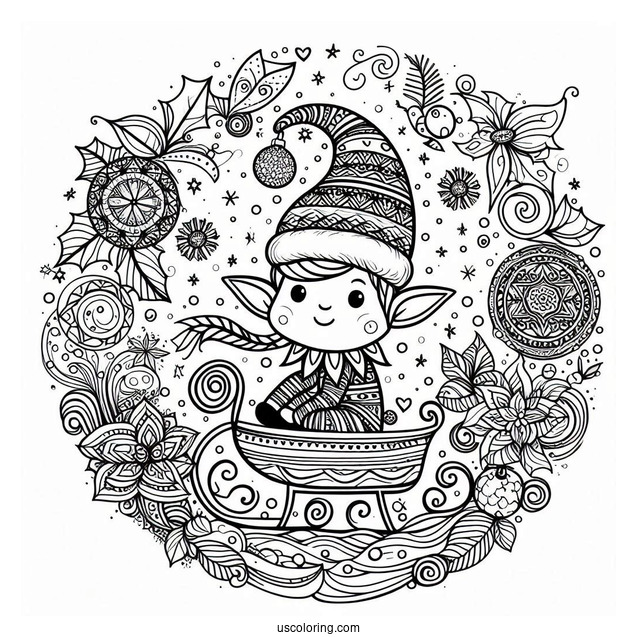 Elf Inside A Festive Christmas Mandala Coloring Page