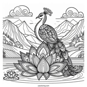 Mandala Peacock Coloring Page Standing on Lotus in Mountain Landscape