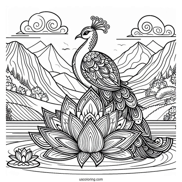 Mandala Peacock Coloring Page Standing on Lotus in Mountain Landscape