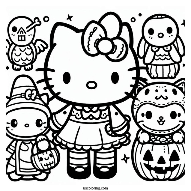 Sanrio Coloring Pages Of Hello Kitty, Dear Daniel, And Friends In Halloween Costumes