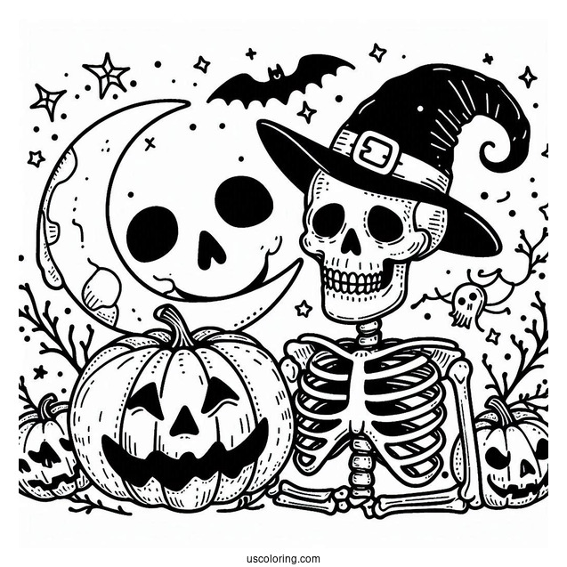 Skeleton Coloring Page Of Jack O Lantern With Ghost And Bat
