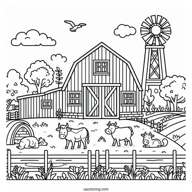 Coloring Page Of a Farm With Fields And Animals