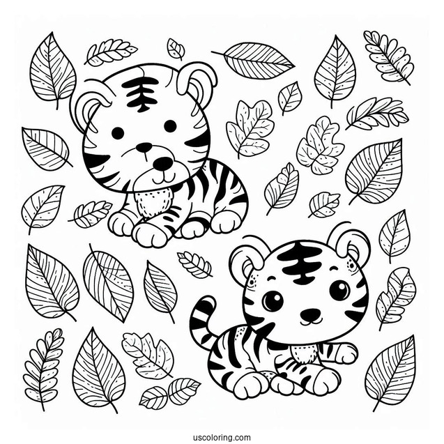 Tiny Tiger On Leaves Pattern Coloring Page