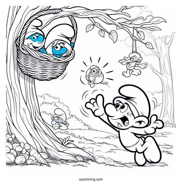 Coloring Page Of Gargamel Trying To Catch Smurfs