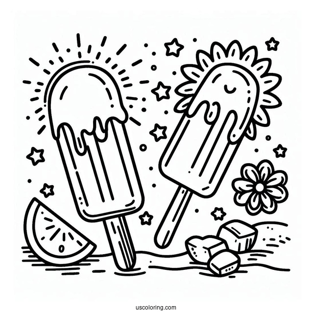 Two Popsicles Melting In The Summer Coloring Page For Kids