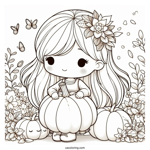 Precious Moments Coloring Page Of Girl Holding Pumpkin In Autumn