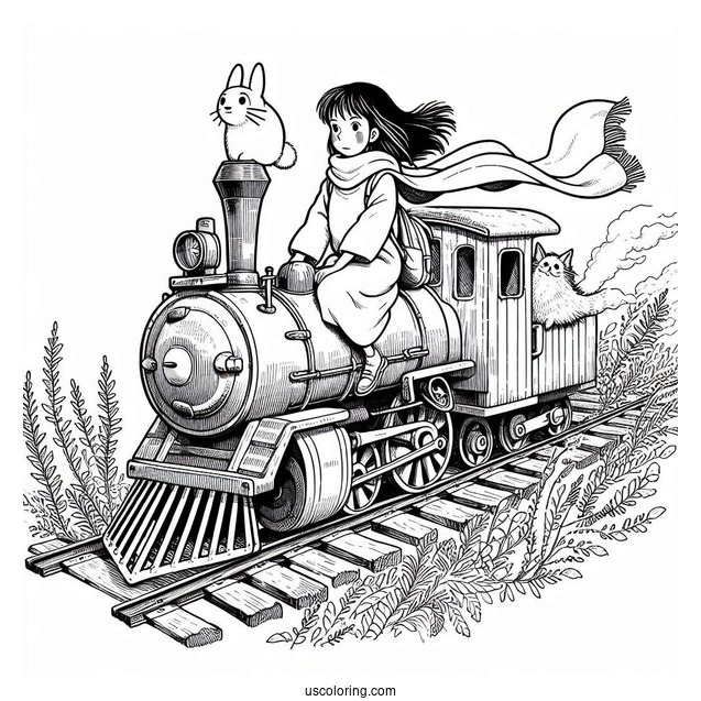 Studio Ghibli Coloring Page of Spirited Away Chihiro Riding Train With No Face And Bo
