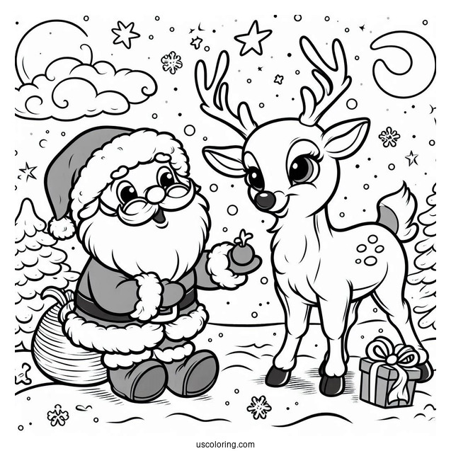 Cartoon Rudolph Coloring Page With Santa Claus In The Snow
