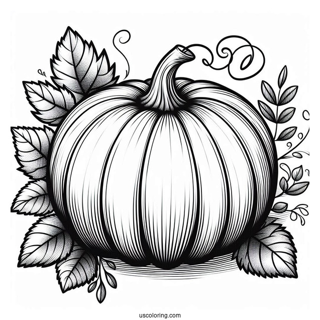 Large Pumpkin Coloring Page With Leaves To Color