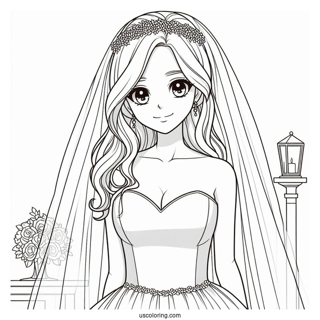 Bride Wearing Simple Dress Coloring Page With Short Veil