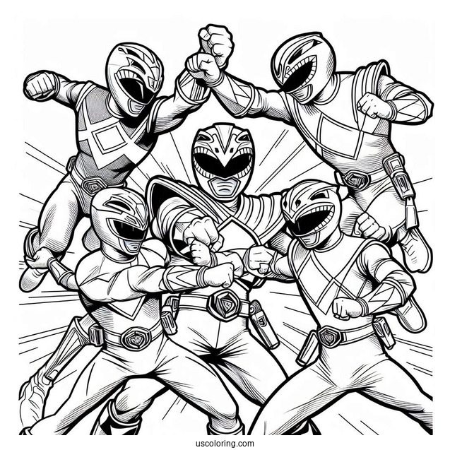 Coloring Page Of Power Rangers Fighting Together