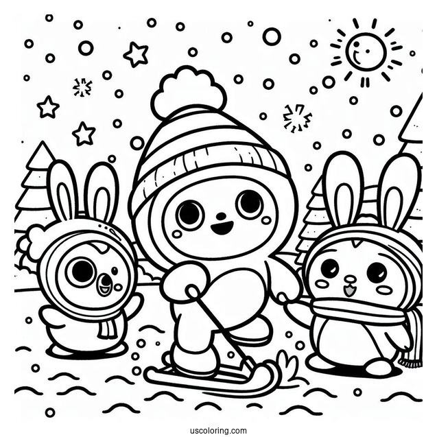 Pororo Coloring Page Of Eddy, Poby, Loopy, And Crong Playing In The Snow