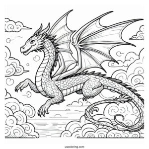 Dragon Flying In A Cloudy Sky Coloring Page