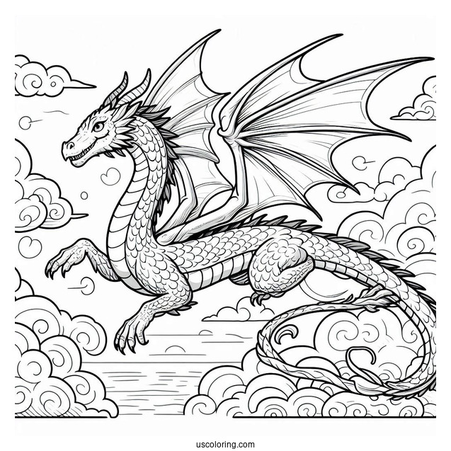 Dragon Flying In A Cloudy Sky Coloring Page