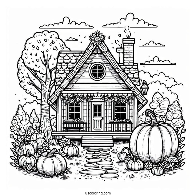 Cottagecore Pumpkin Coloring Page House In The Forest
