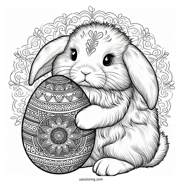 Furry Bunny Holding An Easter Coloring Page Of Egg With Mandala Pattern