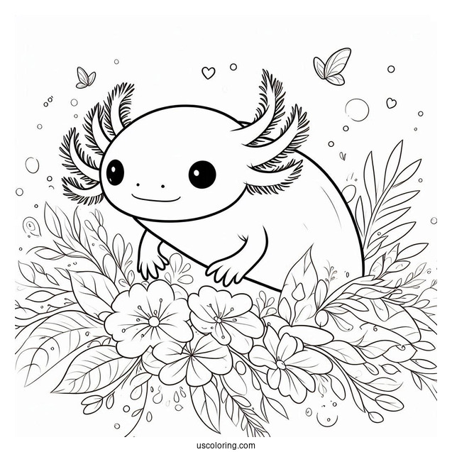 Shy Axolotl Coloring Page Hovering Above Flowers And Leaves