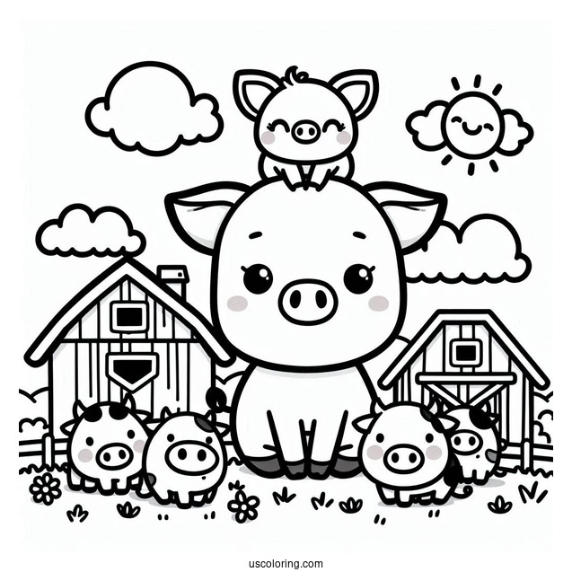 Adorable Kawaii Pig With Cows On a Farm