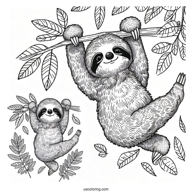 Cute Sloth Hanging From Tree To Color For Kids