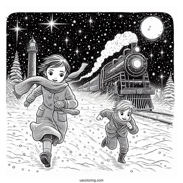 Polar Express Coloring Page Of Lonely Boy And Hero Girl Chasing Hero Boy In The Snow