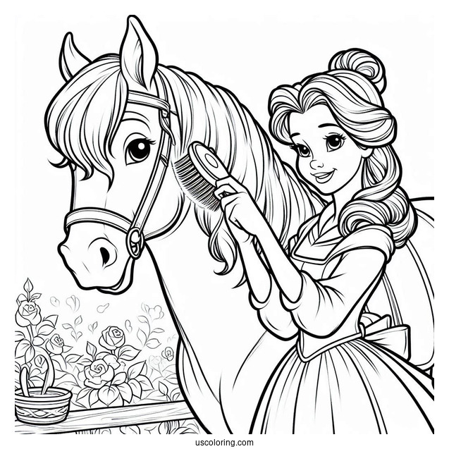 Belle Brushing Her Horse Phillipe To Color