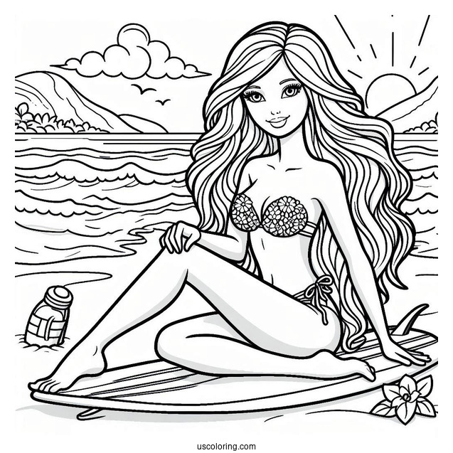 Surfer Barbie At Beach To Color