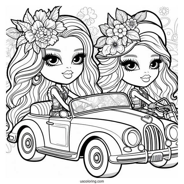 Bratz Dolls Riding Car Coloring Sheet