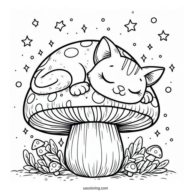 Cat Sleeping On Big Mushroom