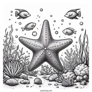 Realistic Starfish Coloring Page On Seafloor With Fishes