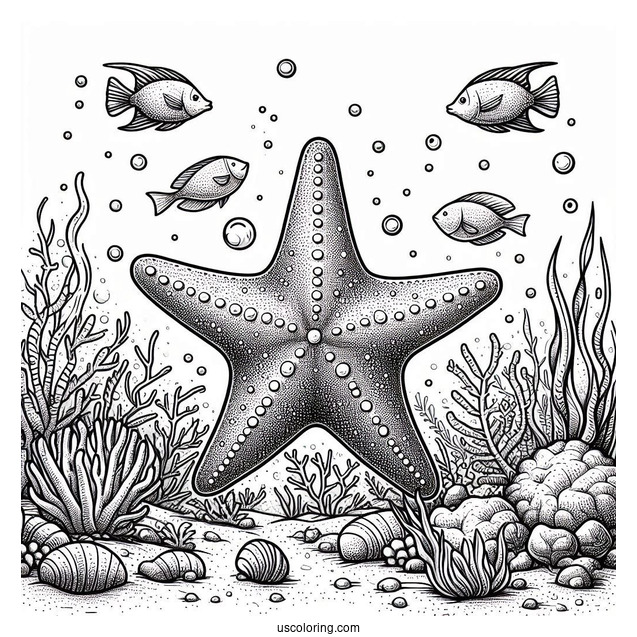 Realistic Starfish Coloring Page On Seafloor With Fishes