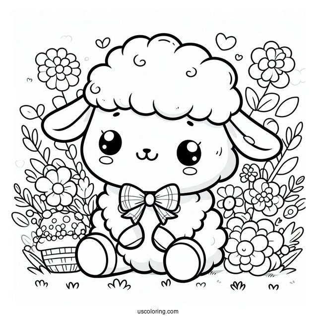 Kawaii Sheep With A Bow Sitting In The Middle Of A Garden In Spring