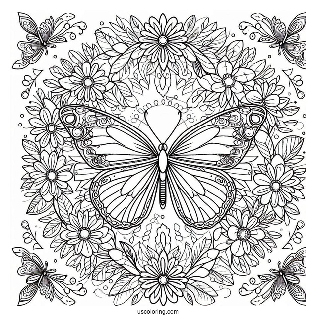 Butterfly Coloring Page On Pretty Flowers Inside A Floral Mandala