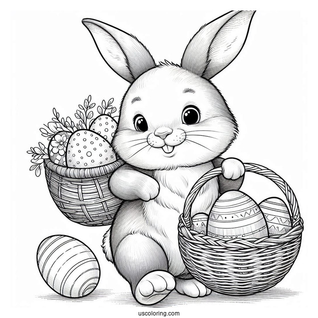 Realistic Bunny Carrying A Basket Of Easter Coloring Page Of Eggs
