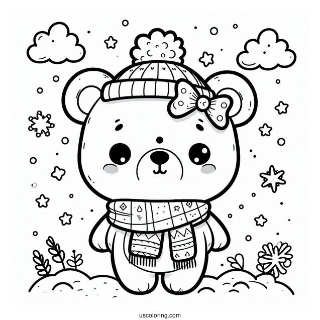 Cute Coloring Page Bear Wearing A Scarf For Preschoolers