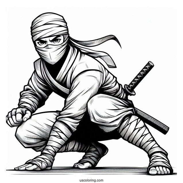 Detailed Ninja Crouching Low Coloring Sheet
