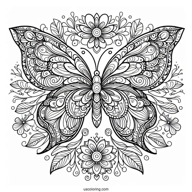 Grand Butterfly Coloring Page Mandala With Flowers And Leaves