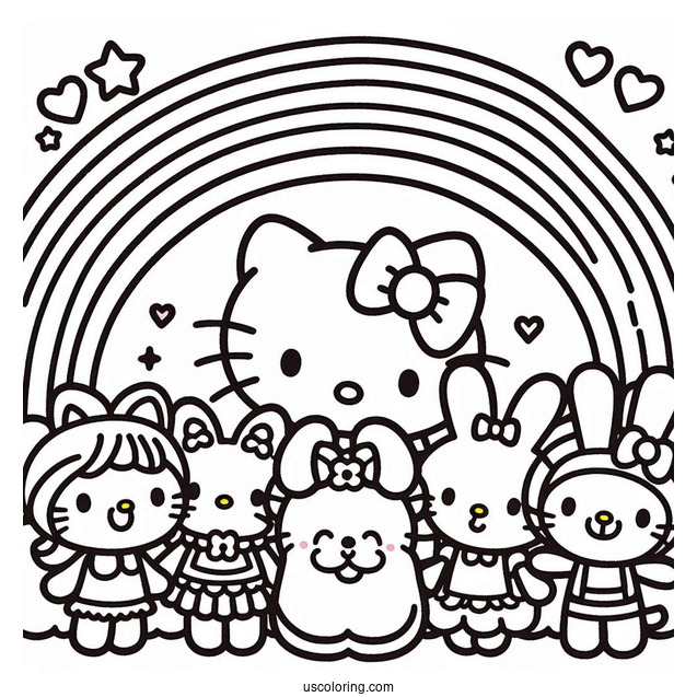 Sanrio Coloring Pages Of Friends In Front Of Rainbow