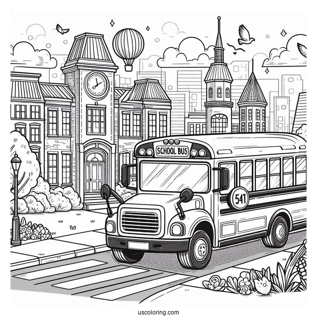 School Bus Driving Past Elementary School