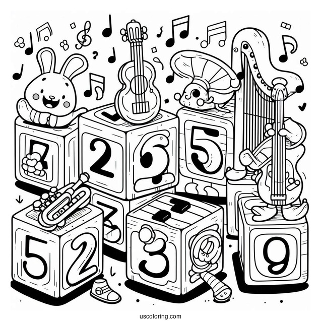 Numberblocks Coloring Page1, 2,3,4,5 Playing Musical Instruments