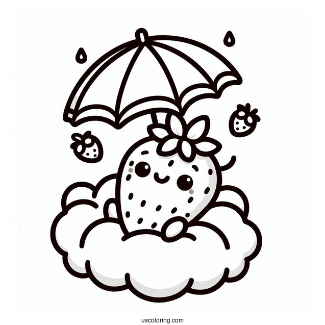 Kawaii Strawberry Coloring Page On The Cloud With An Umbrella For Kids