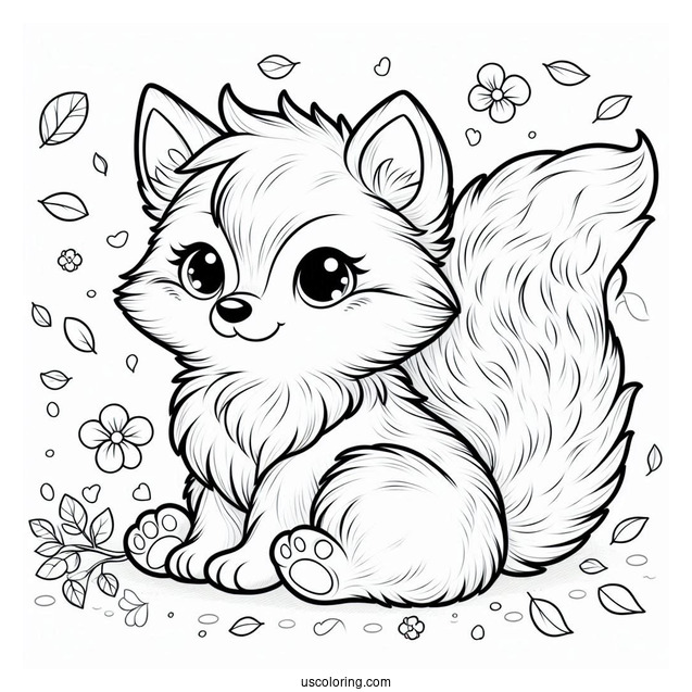 Fluffy Fox Coloring Page With Petals In Background