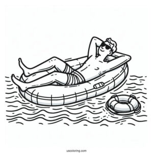 Swimming Coloring Page OF Man Relaxing On An Inflatable For Kids